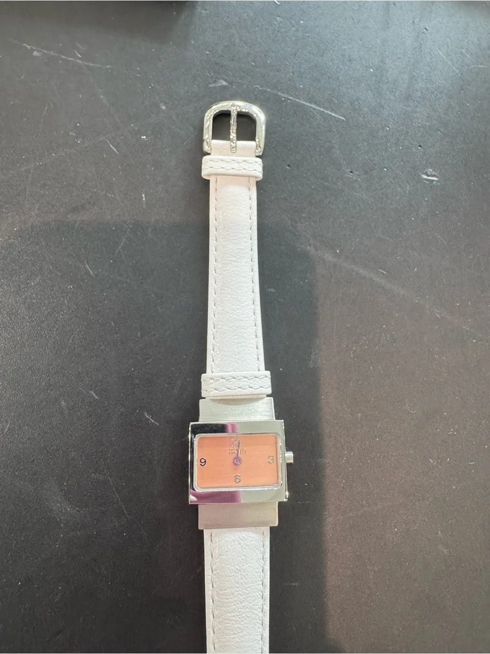 Ecclissi Silver Watch Rectangle Tank Case Salmon Copper Dial White Leather Band